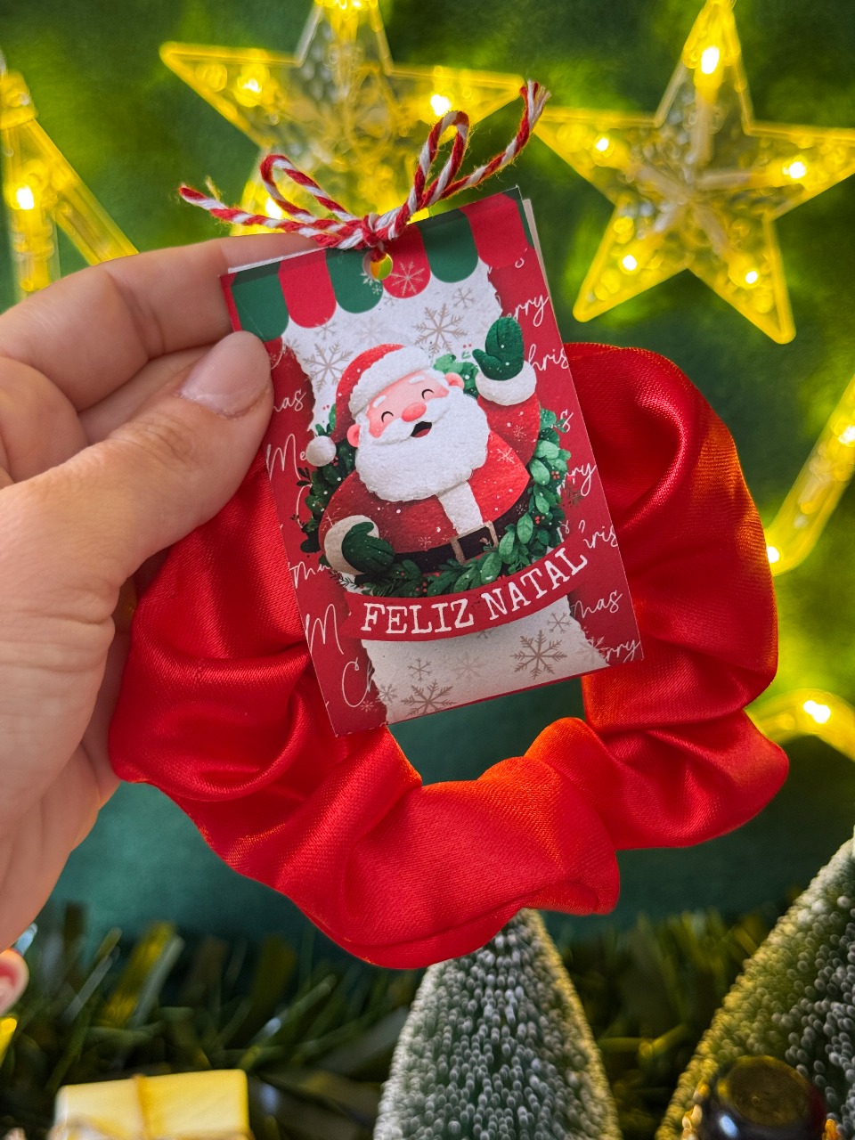 Kit 10 Xuxas / Scrunchies de Cetim com/ Tag de Natal Personalizada