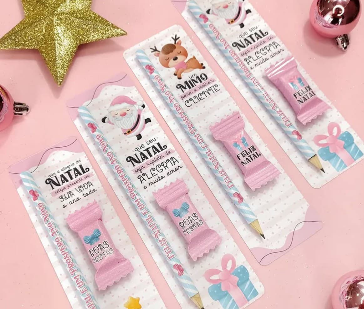 Kit 10 Cards Brindes c/ Lápis Personalizado e Balinha de Natal